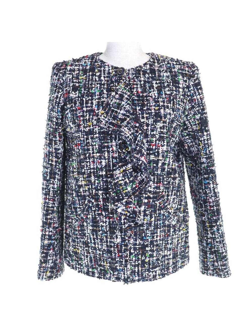 Chanel 20C CC Logo Button Front Ruffle Tweed Collarless Jacket Navy Multicolor